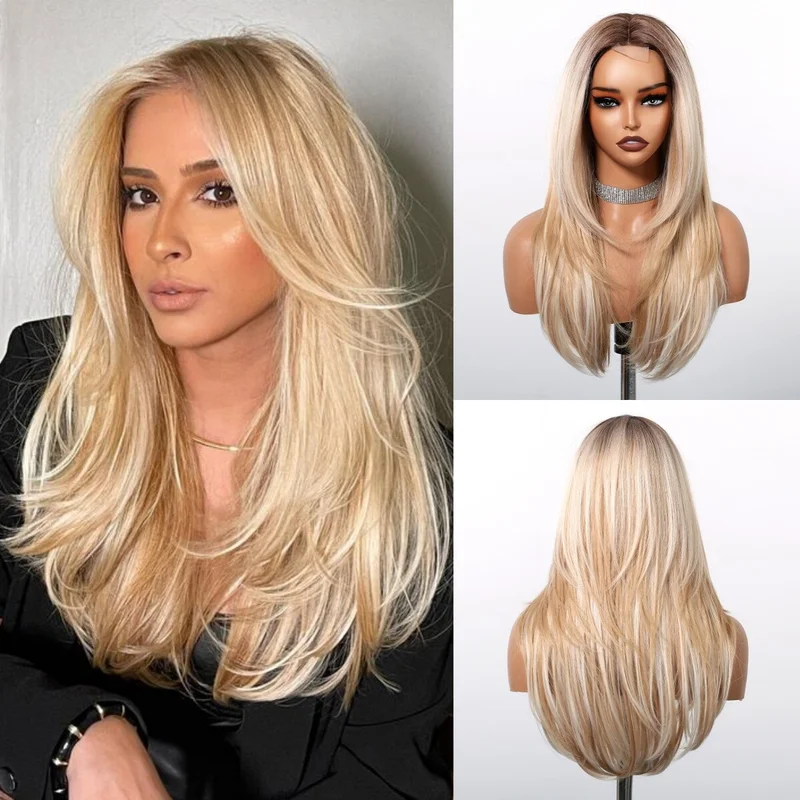 

Blonde Golden Synthetic Long Hairline Lace Layered Straight Wigs for Women