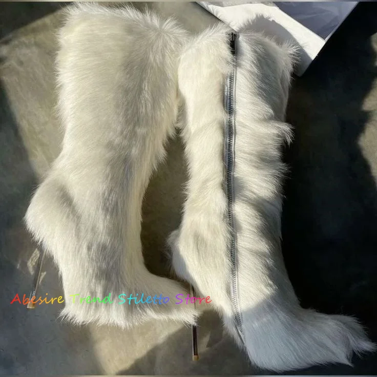 White Furry High Heel Boot Women Winter Warm Faux Fur Pointed Toe Stiletto Heel Side Zipper Elegant Fashion Shoes for Ladies