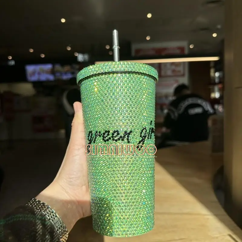 Crystal Bling Bling Straw Cup DIY Customized Words Green Stainless Steel  Vacuum Diamond Painting Rhinestone Girl Birthday Gift - AliExpress 15