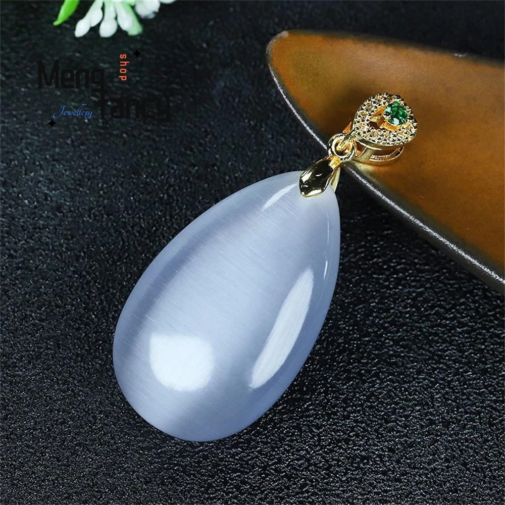 Natural Cat\'s Eye Stone Luck Water Drop Bead Pendant Hand-Carved Amulets Fashion Women Men Necklace 925 Silver Fine Jewelry Gift