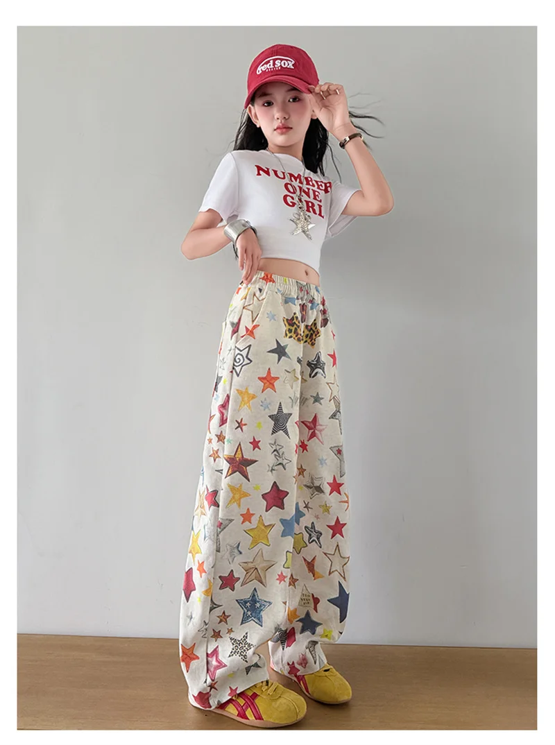 Hosen für Mädchen mit modischem Sternmuster-Print, weit geschnittene Hosen, Sommer 2026, lässige, lockere Hosen, hochwertige Teenager-Jogginghosen – Detail 9