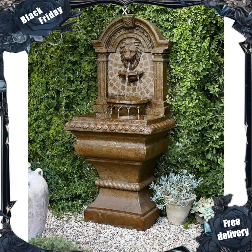 

Royal Lions Head Mediterranean Outdoor 3 Tiered Wall Water Fountain 51" High with LED Light for Garden Patio Backyard Deck Home