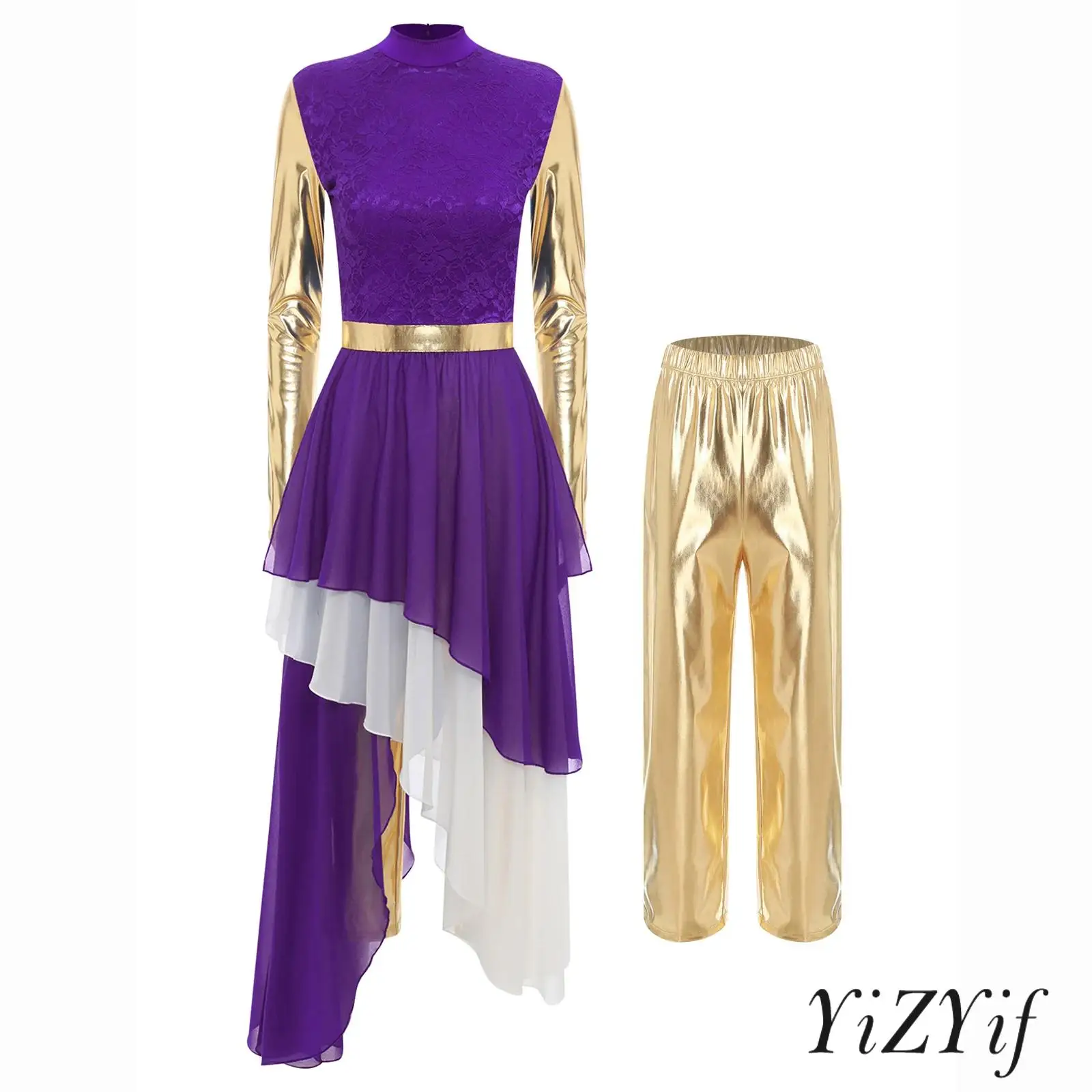

Lady Women Liturgical Praise Dance Set Long Sleeve Lace Patchwork Irregular Hem Dress with Metallic Pants Performance Clothes