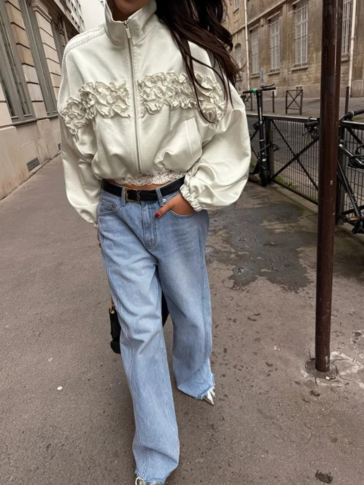 Trendy Loose Long Sleeve Womens Short Jacket Crop Tops Folded Ear Mushroom Ruffle Zipper Drawstring Coat Spring Casual Outerwear