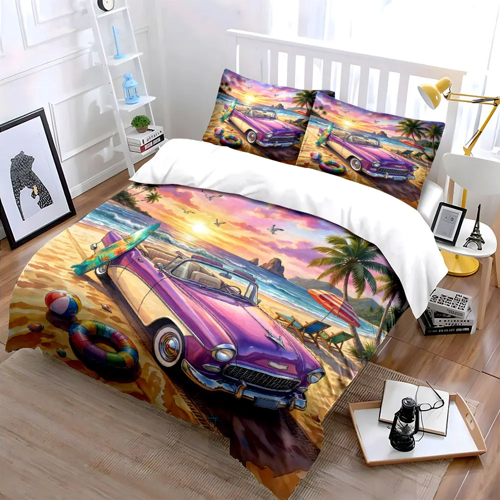 Purple vintage convertible at beach scene Pattern Duvet Cover Set Digital Print Colorful Polyester Bedding with Zipper Closur