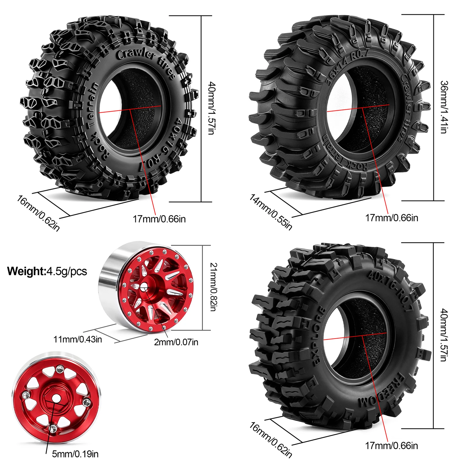 4pcs 0.7 inch 36mm/40mm Beadlock Wheel Tires for 1/30 RC Crawler Car Axial SCX30 Jeep Wrangler JLU Ford Bronco Upgrade Parts