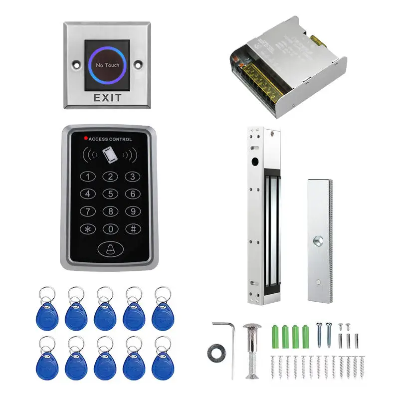 

280kg 600LB Electric Magnetic Lock Power Supply 10 Key Fobs EXIT Button RFID Card Door Access Control System Kit