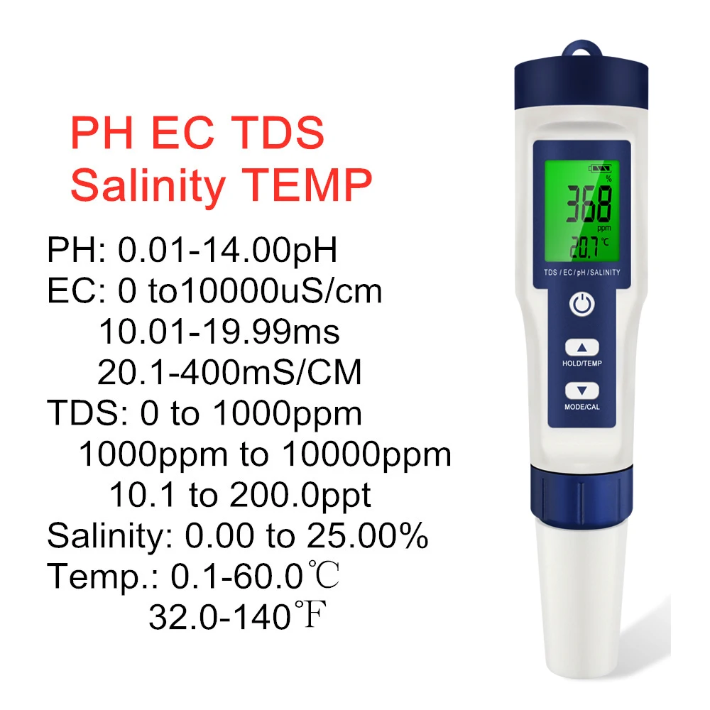 5-in-1-Wasserqualitätstester, digitaler TDS/EC/PH/Salzgehalt/Temperaturmessgerät für Pools, Aquarien, Wasser-Hintergrundbeleuchtungsqualitätsdetektor