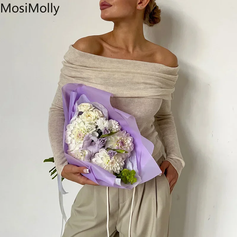 MosiMolly Wool Sweater Slash Neck Slim Knitting Jumper Pullovers OL Lady Sweater Soft Comfy Wool Basic 2023