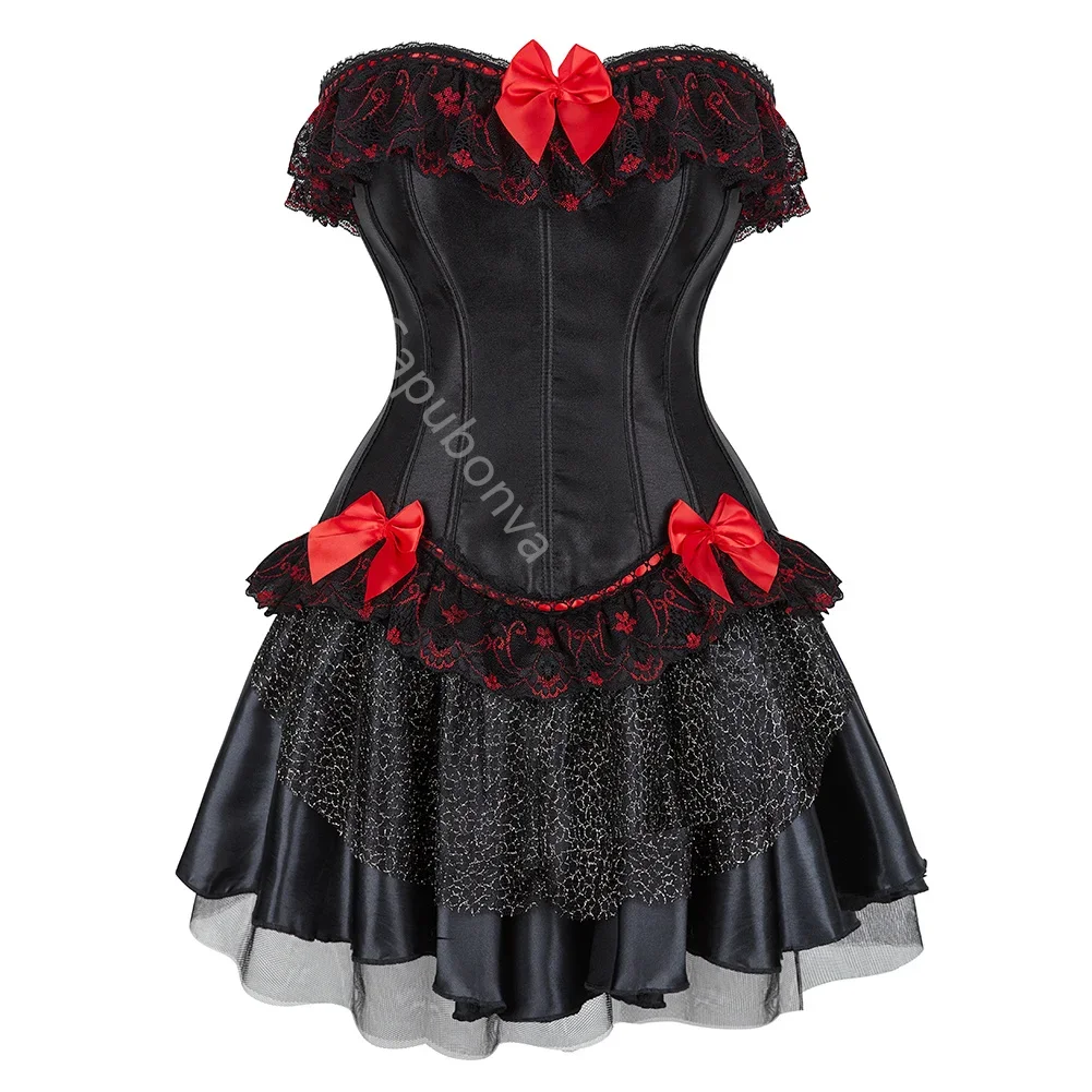 Korsetjurk Gothic Lolita Cictoriaans Grote maten Kanten bloembustier met rok Tutu Mode Halloween-kostuums Sexy stijl Zwart