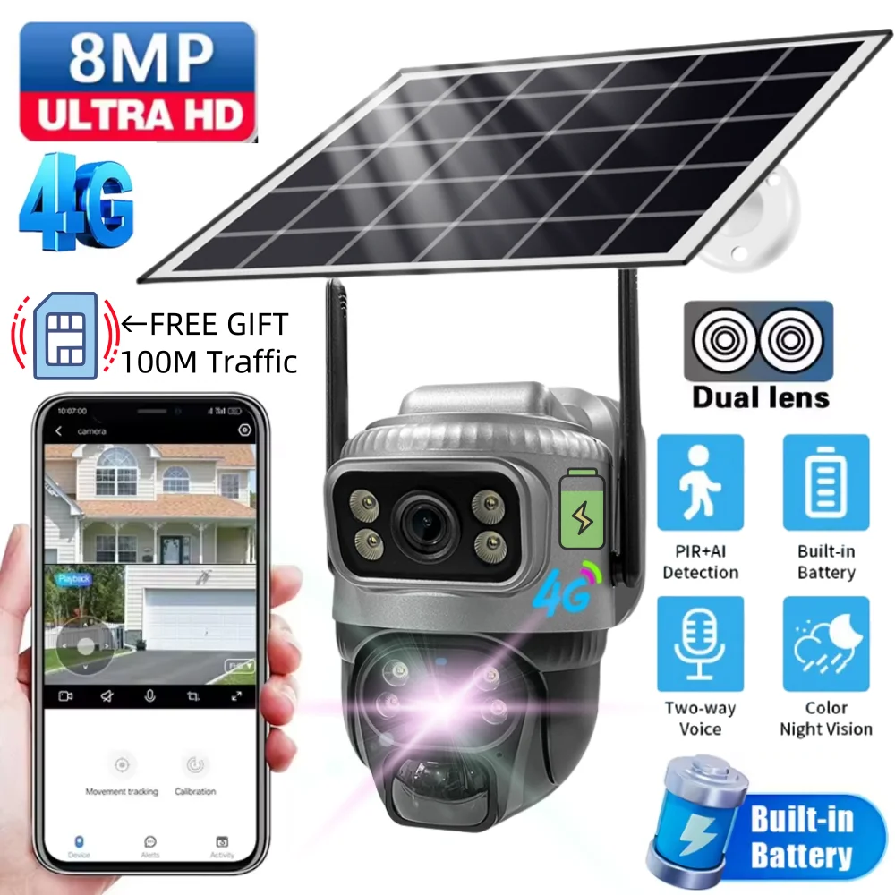 

V380 Pro Dual Lens 4G Camera With SIM Card Solar PIR Human Detection Night Vision Security Video IP Cameras 8MP 4K CCTV Monitor