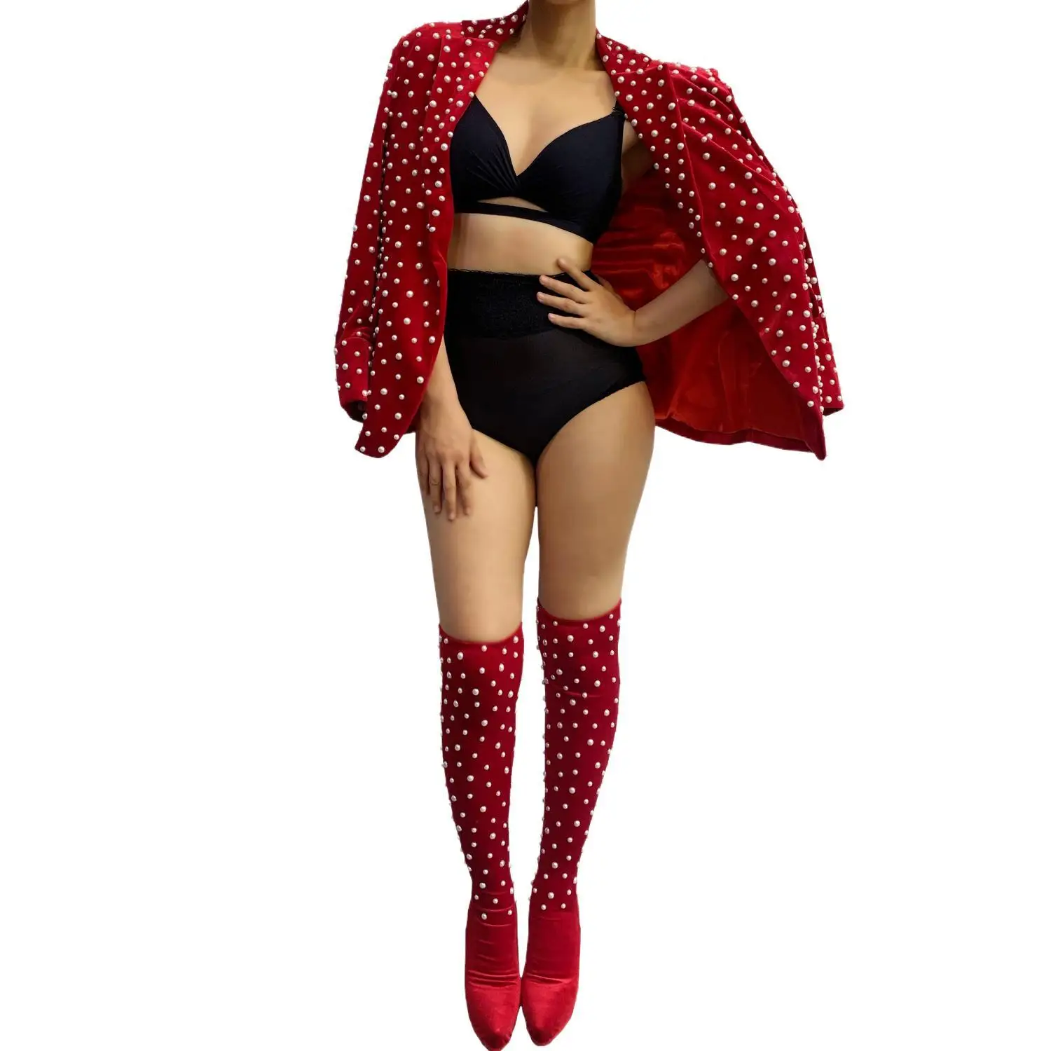 Sparkly Pearl Red Jacket Women Blazer Sexy Singer Dancer Nightclub Dance Costume Performance Show Stage Wear with Sock Xizhuang