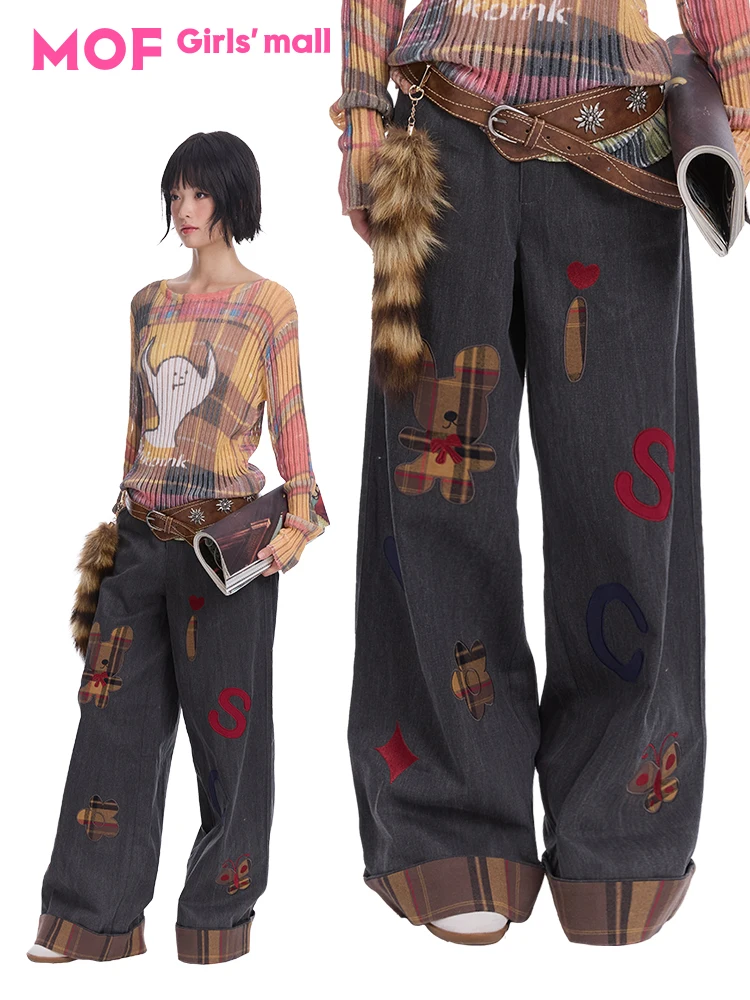

MOF Ретро Тонкие лоскутные джинсы с вышивкой и буквами, прямые джинсы, повседневные прямые брюки с принтом на талии