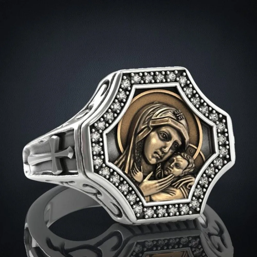 Simple European and American Retro Religious Virgin Mary Metal Ring for Men and Women Faith Cross Amulet Jewelry Accessories