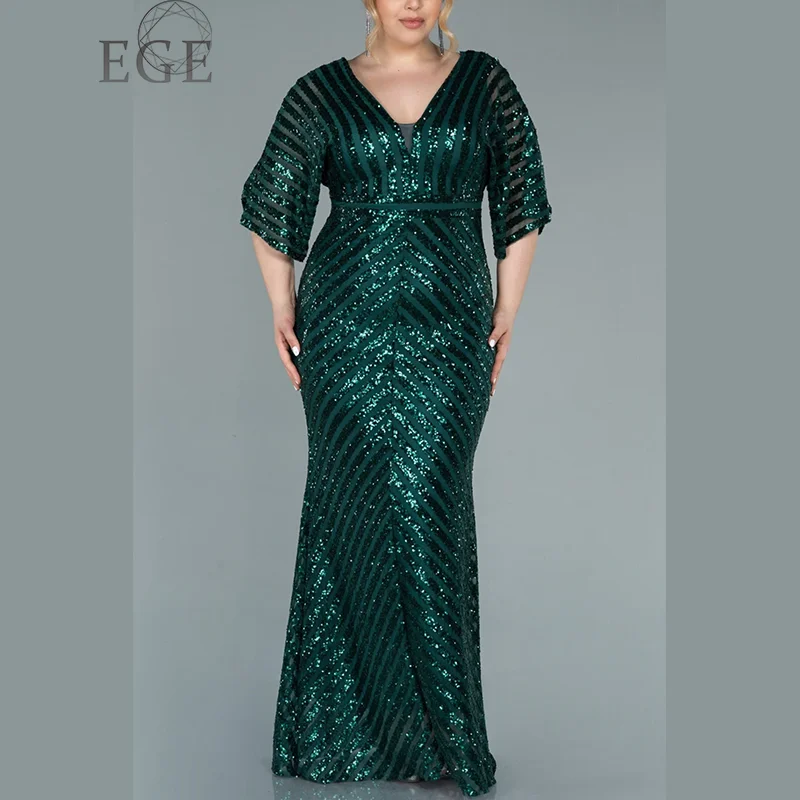 Plus Size V Neck Horizontal Stripes Green Sequins Luxury Dress 4XL5XL Luxury Elegant Fit Fishtail Dress Plus Size Women