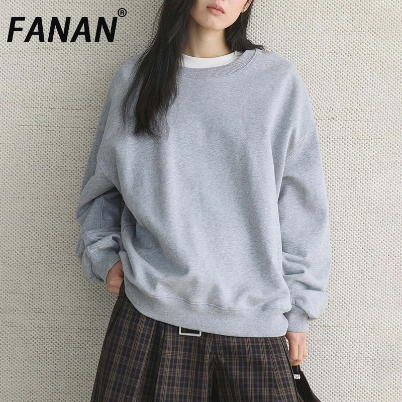 

FANAN 2026, весенний новый однотонный пуловер в стиле минимализм, толстовка для женщин, с круглым вырезом и длинными рукавами, офисная женская одежда в стиле минимализм
