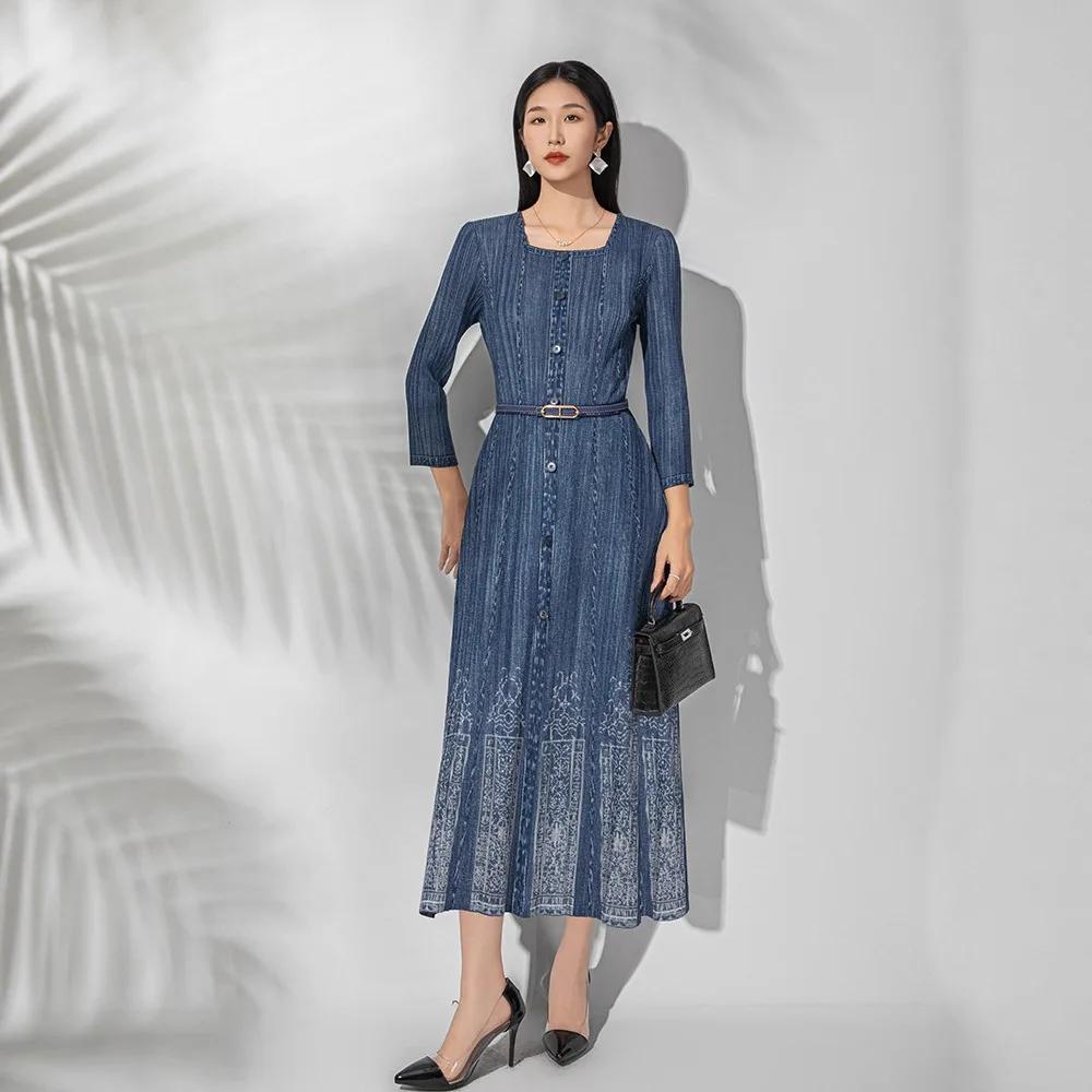 

Miyake Pleated 2025 French Retro Plus Size Dress Waist Thin Denim Colour Senior Sense of Fashion Temperament Pleated Skirt