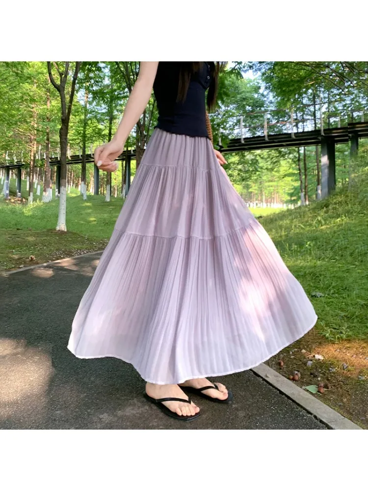 

plus Size Women's Purple Pleated A-Line Skirt Summer Thin High Waist Cake Skirt Straight Tube Long Commute Casual