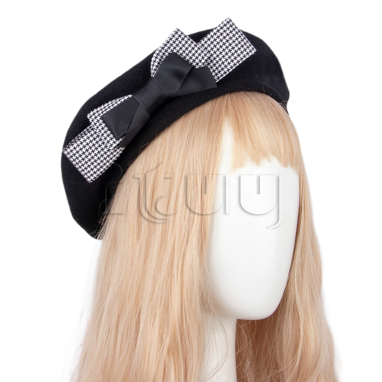 Women Wool French Beret Hat with Big Bow Girl Lolita Cute Plaid Beanie Cap Hat Winter Warm Fashion Accessory