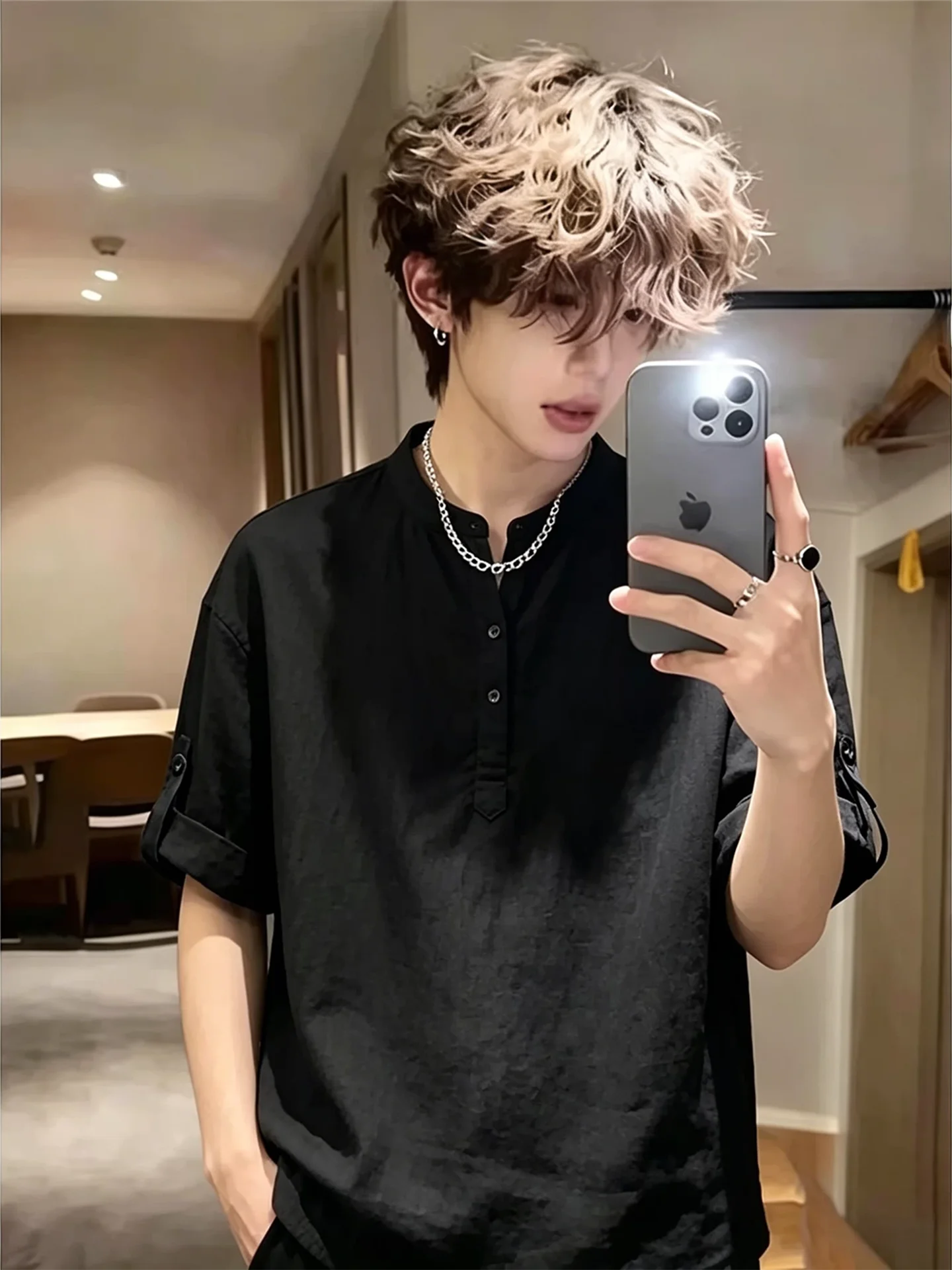 

Black Henry Collar Lyocell Linen Short Sleeve Shirt Men's Summer Thin Style Old Money Ice Silk Shirt Casual Loose Fit Breathable
