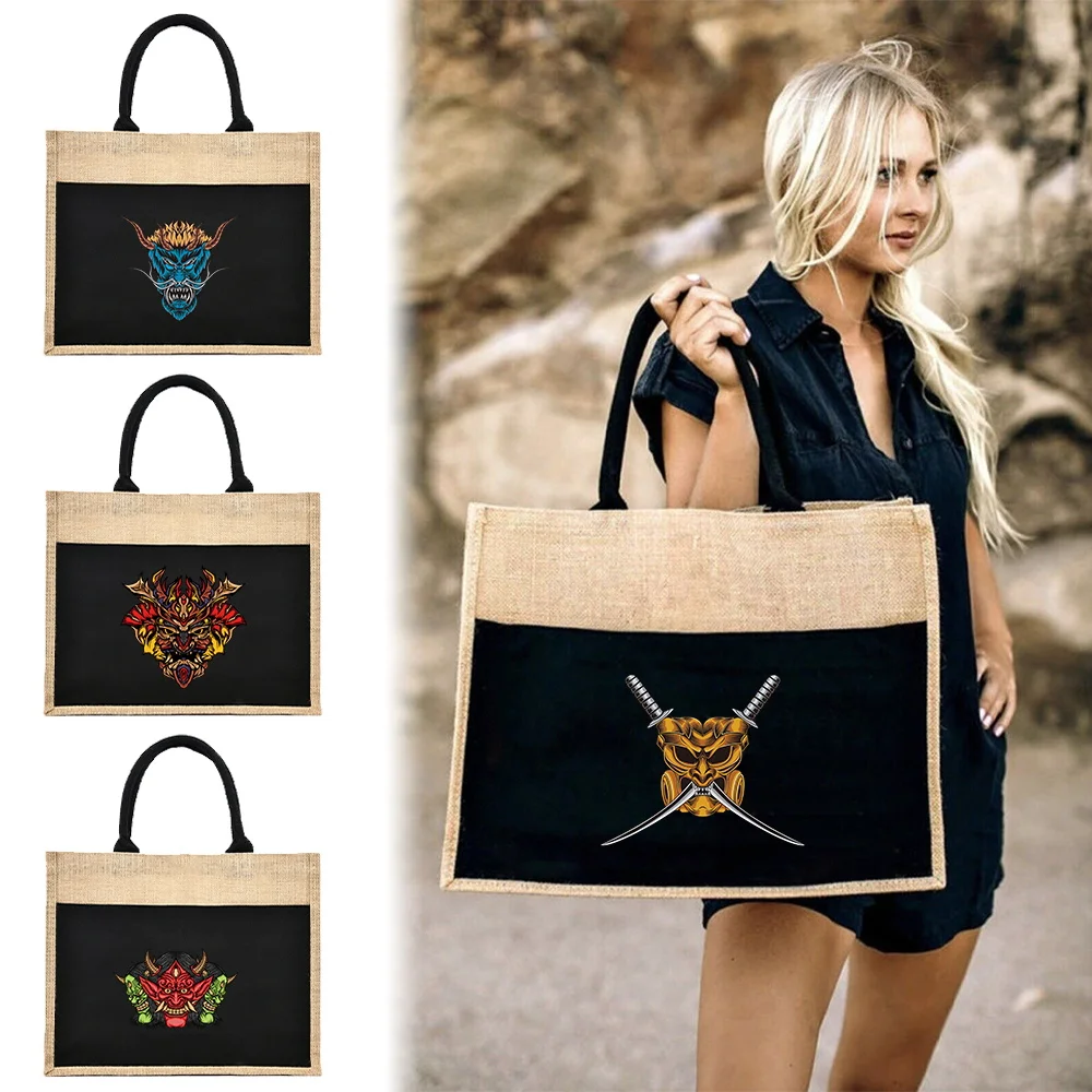 Jute Handbag Linen Shoulder Sacks Jute Imitation Sacks Linen Bags Women Shopping Tote Laminated Bags Japanese Samurai Helmet2023