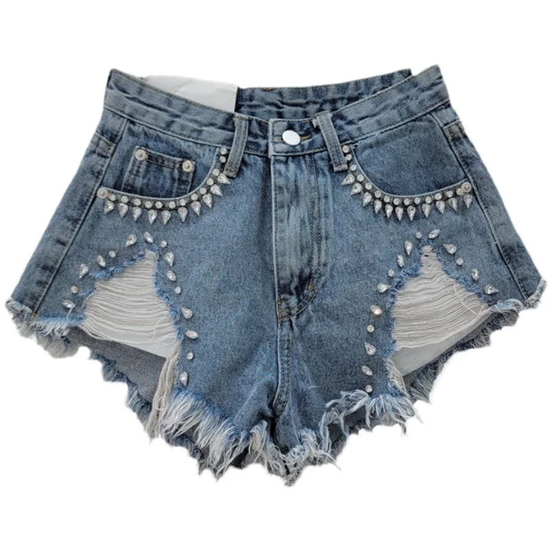 New Summer Heavy Work Diamond Ripped Denim Shorts Women High Waist Slim A-Line Wide Leg Jean Shorts s813