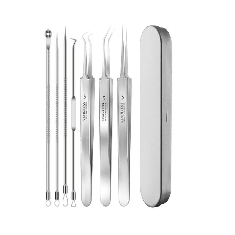 7-delige roestvrijstalen mee-eter verwijderingsgereedschapset, mee-eterclip, pincet, schoonheid gezichtsmee-eter verwijderaar, acne-naaldgereedschap