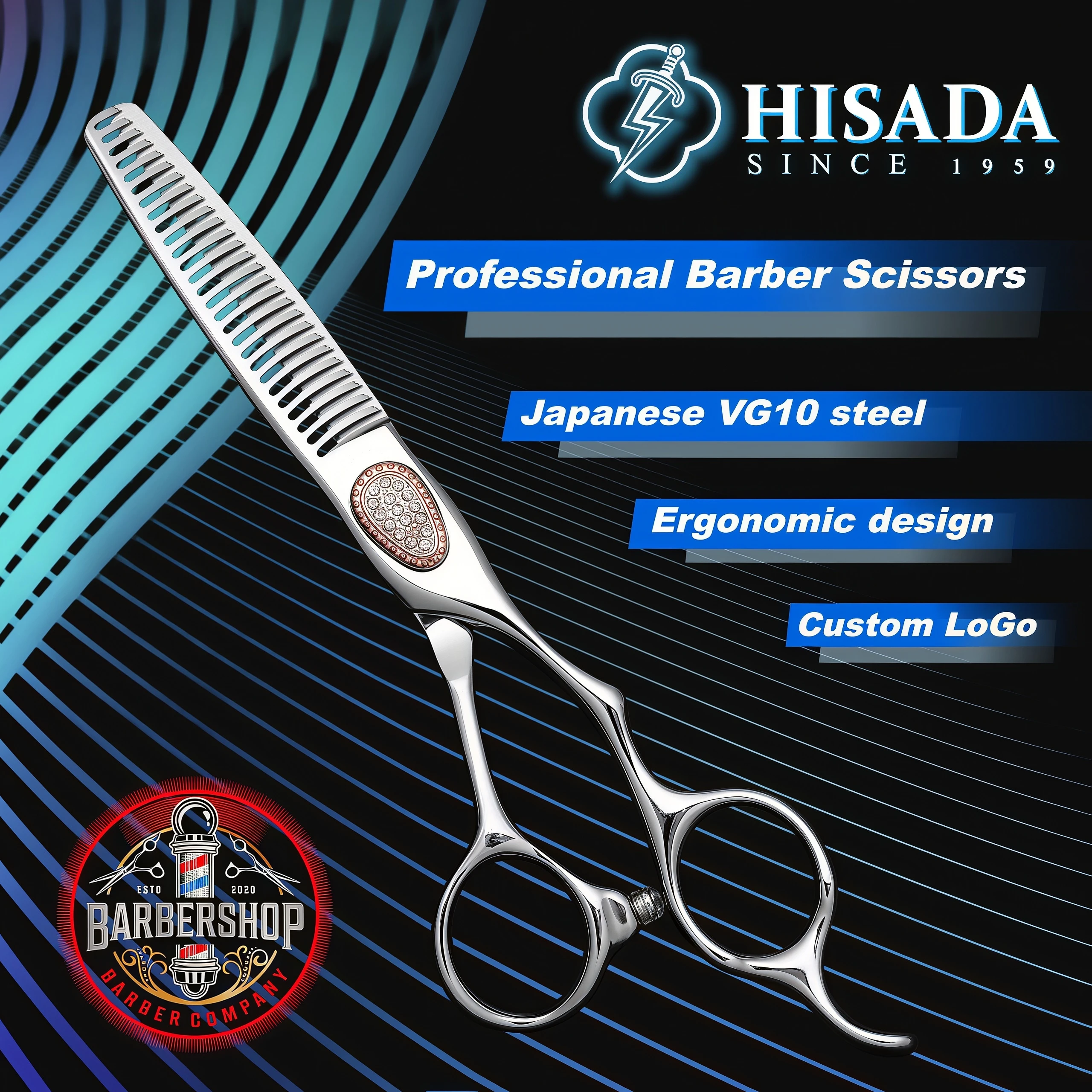 HISADA Professional Silver Fish Bone Hair Thinning Scissors,  Rhinestone Inlay Hair Texturizing Shears Salon Barber Hairdressing
