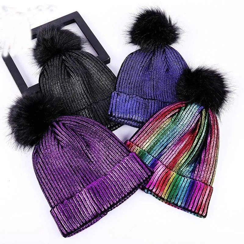 2024 Hot Gold Silver Beanies Woolen Hat Female Autumn Winter Students Warm Woolen Knit Hat Reflective Beanies