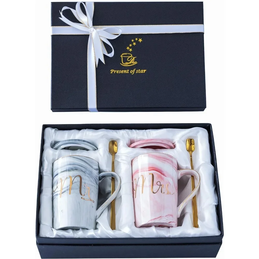 13.5oz Marble Ceramic Mug Mr and Mrs Coffee Cup Set for Bridal and Groom Wedding Anniversary Engagement Valentine\'s Day Gift Box