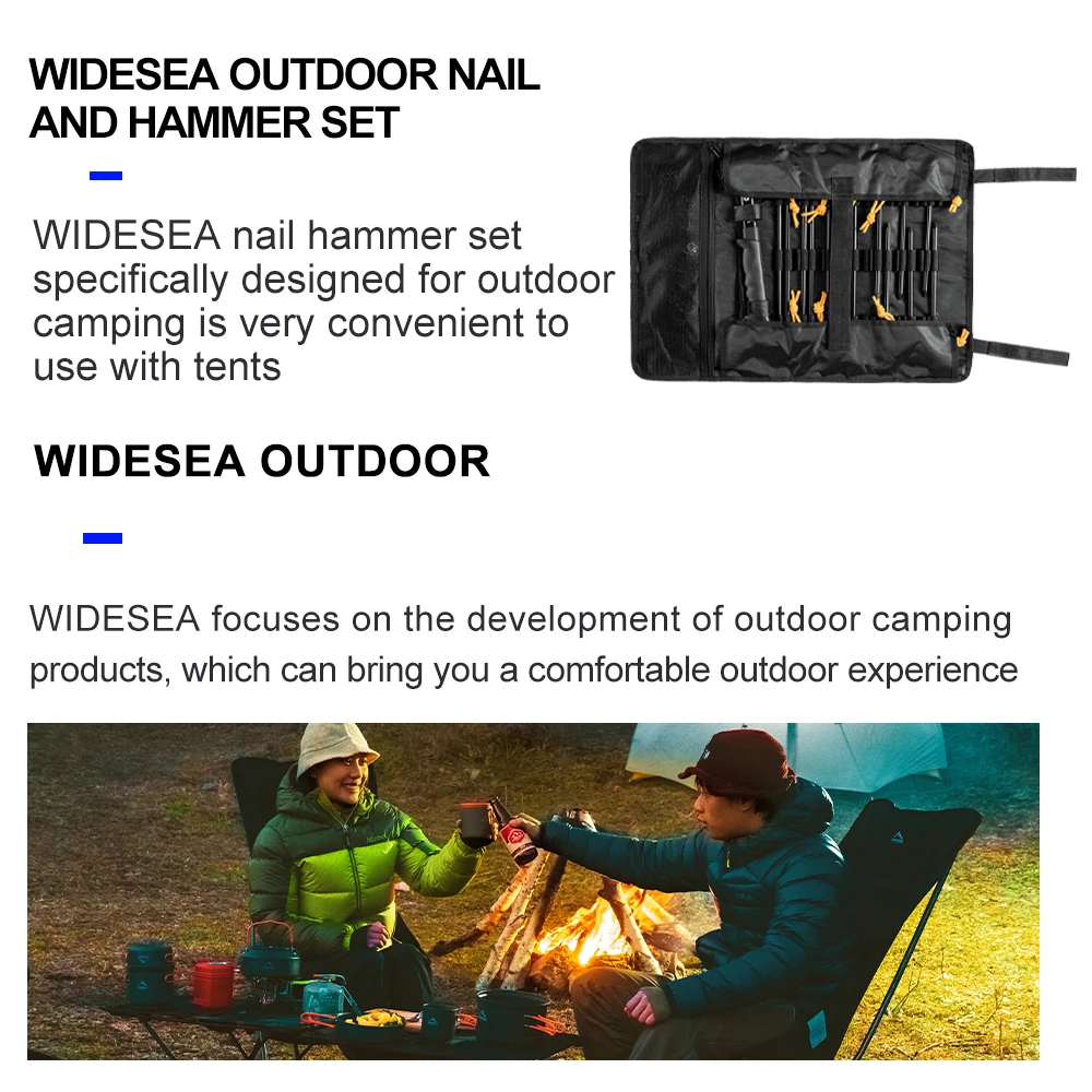 Widesea Camping Hammer Tent Pegs Rope Set Outdoor Ground Nails Stake Tools Mallet Hiking Backpack Travel Supplies Storage bag