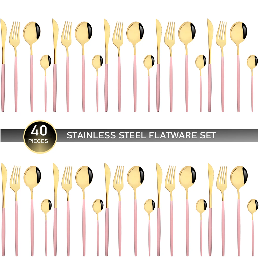 Pink Gold 40Pc Knife Fork Spoon Teaspoon Cutlery Set Mirorr Stainless Steel Dinnerware Western Restaurant Kitchen Silverware Set