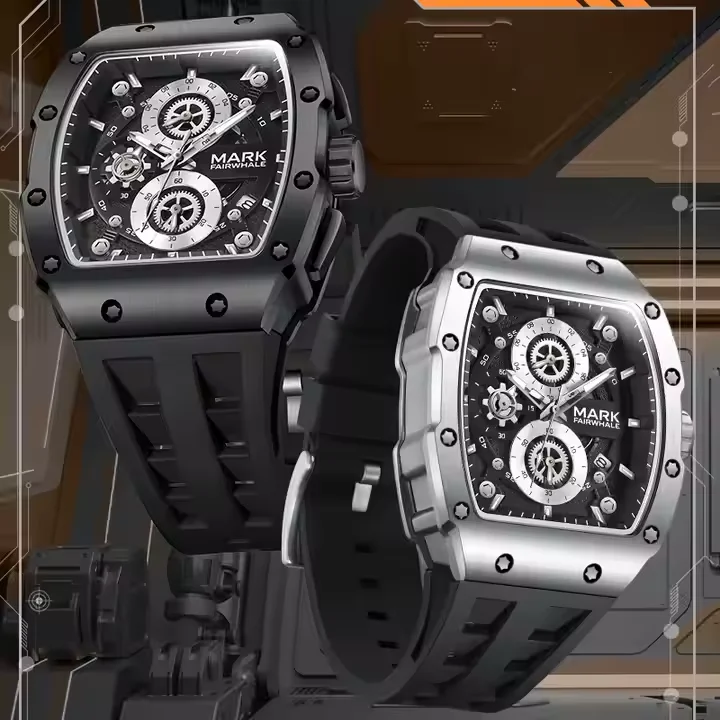 

Mark Fairwhale Спортивные мужские часы Повседневный силиконовый ремешок Многофункциональные водонепроницаемые кварцевые часы Tonneau Наручные часы для мальчиков 2025 новинка