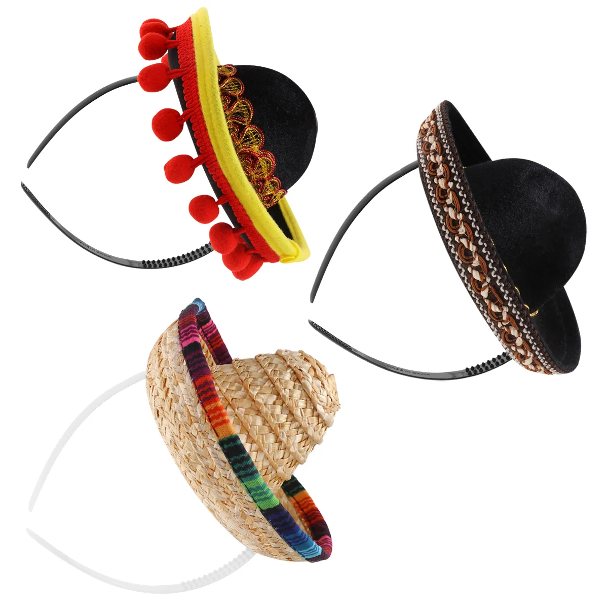 3 Pcs Mexican Folk Style Hat Sombreros Straw Headband Festical Mexico Child Hats