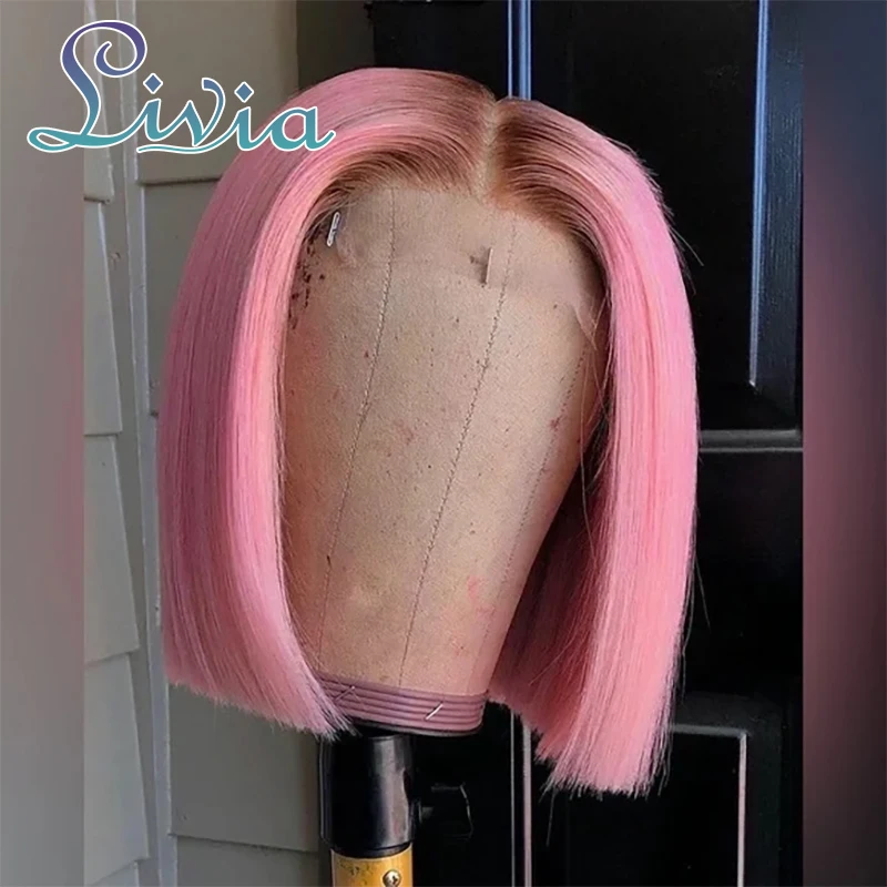 Pelucas de cabello humano liso rosa, cabello humano prearrancado 13x4, pelucas de cabello humano con encaje frontal, pelucas de cabello humano corto indio, pelucas Bob de colores