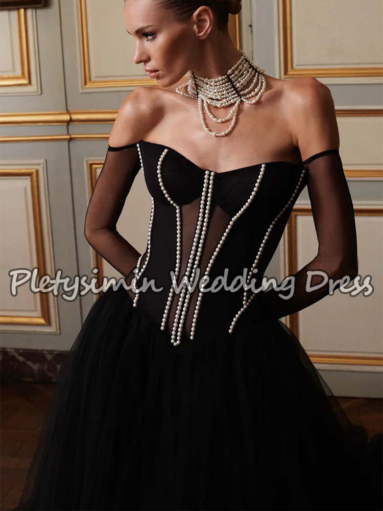 Vestidos De Novia góticos negros con hombros descubiertos, Vestido De Novia De corte en A De tul con corsé De perlas, Vestido De Novia transparente De manga larga personalizado