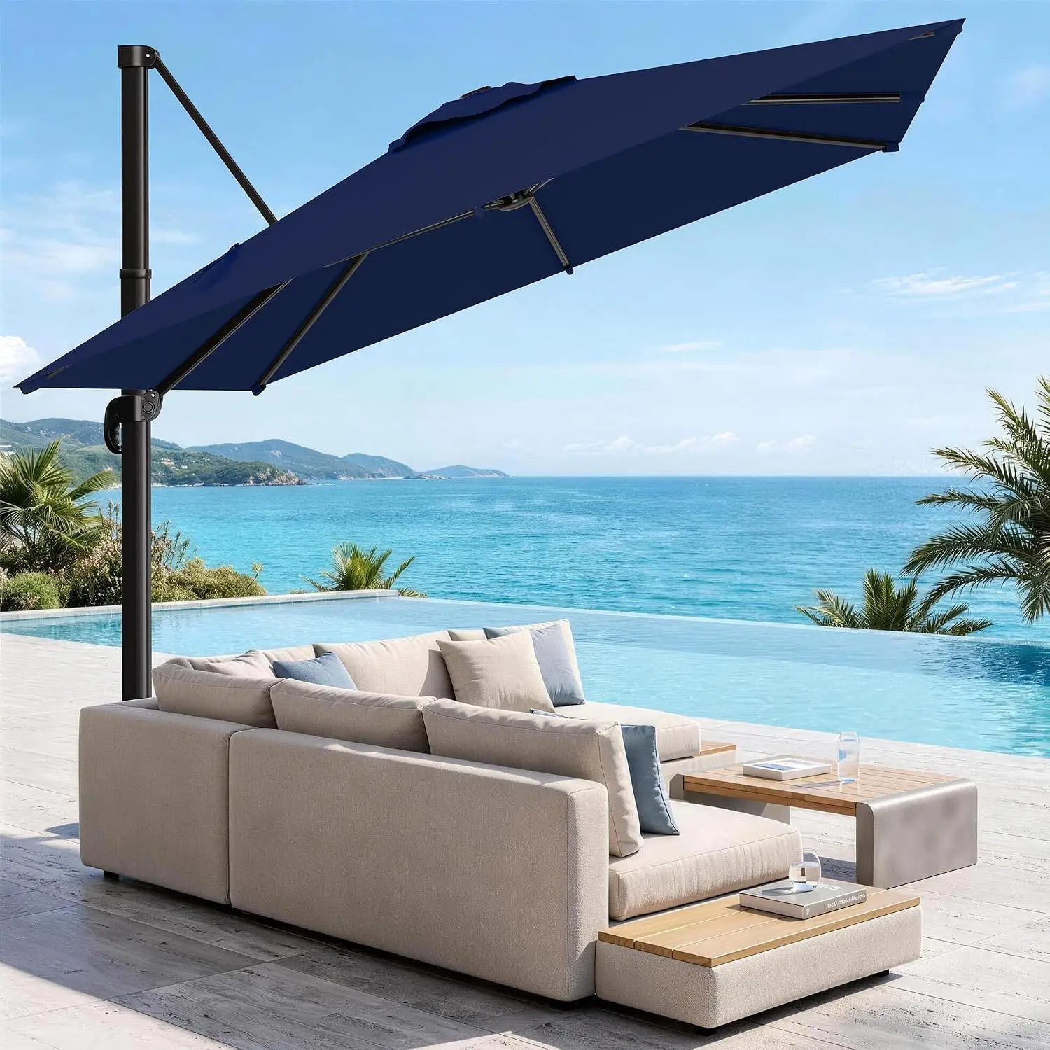 9 X 12 FT Cantilever Umbrella w/ 360-Degree Rotation, Navy | 5 Tilts Adjustable Rectangular Offset Patio Umbrellas, Customized