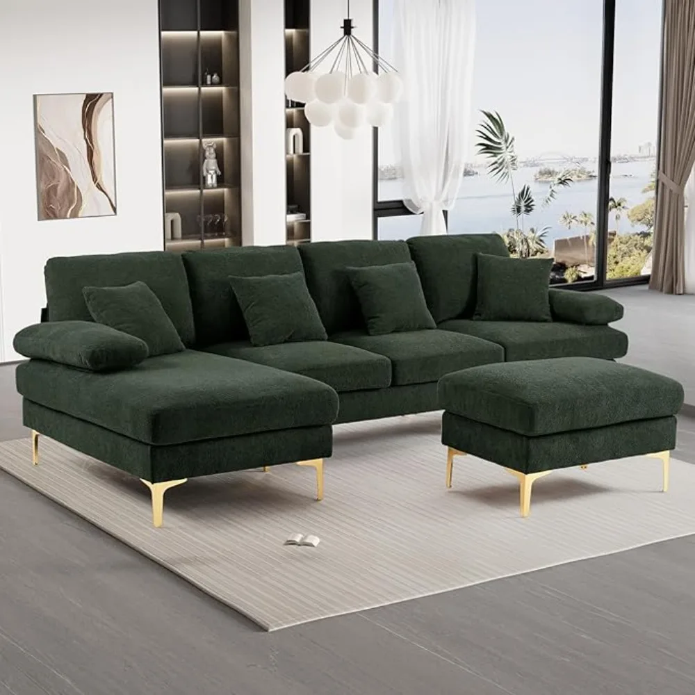 

U Shaped Sectional Sofa Couch, Convertible L-Shaped Chenille Couch Set with Chaise Lounge, Ottoman and Pillows