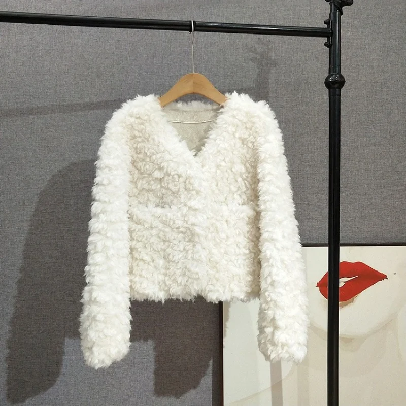 JT518 Damski Krótki Płaszcz z Kości Słoniowej z Dekoltem w Serek, Nowa Zimowa Kurtka Damska z Prawdziwej Wełny na Co Dzień, Kolekcja 2025