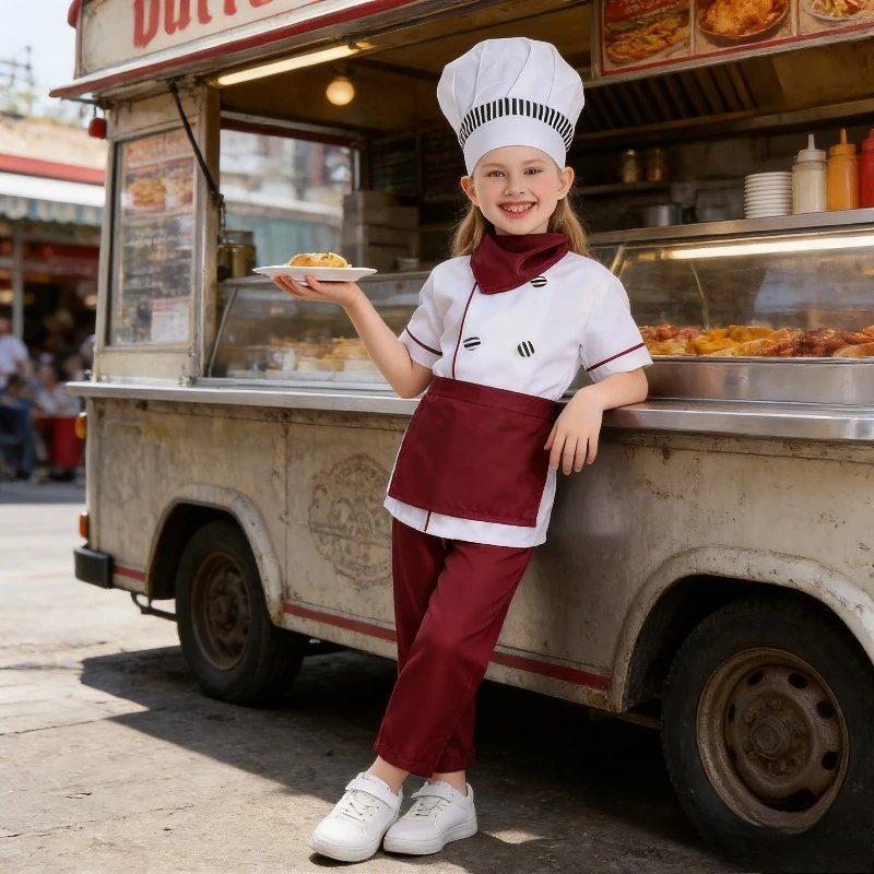 

Childrens Wine Red Chef Costume Cake Master Performance Western Pastry Festival Dress Up