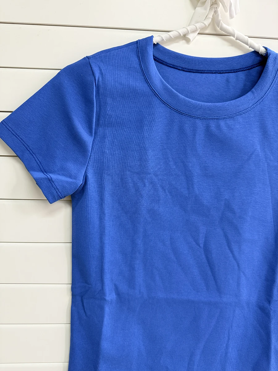 Vintage O-neck Cotton T-shirts Women Summer Casual Simple Electric Blue Slim Short Sleeve Tees Sweet Cute Preppy Style Tshirts