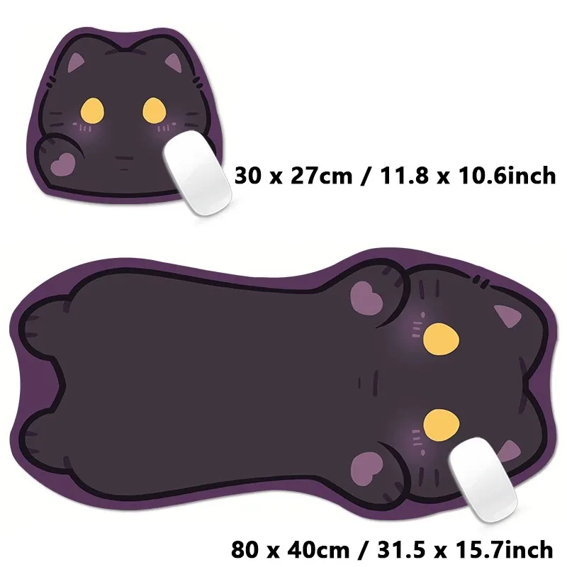 VIKAMA Irregular Black Cat Mouse Pad, Cute Cartoon Desk Mat with Non-Slip Base & Stitched Edges, Unique Shape Design