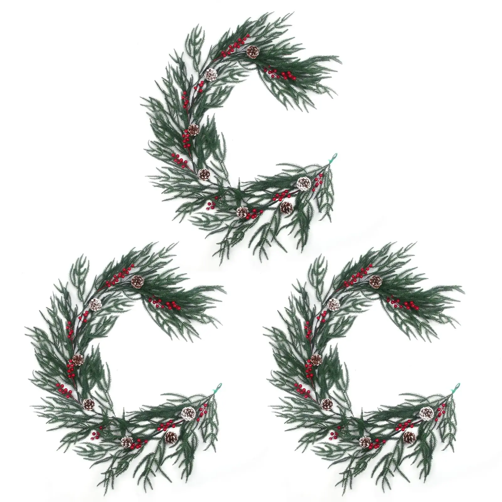 Christmas Garland 6FT – 3 Pack Norfolk Pine with Red Berries & Cedar Balls – Greenery Garland for Indoor Outdoor