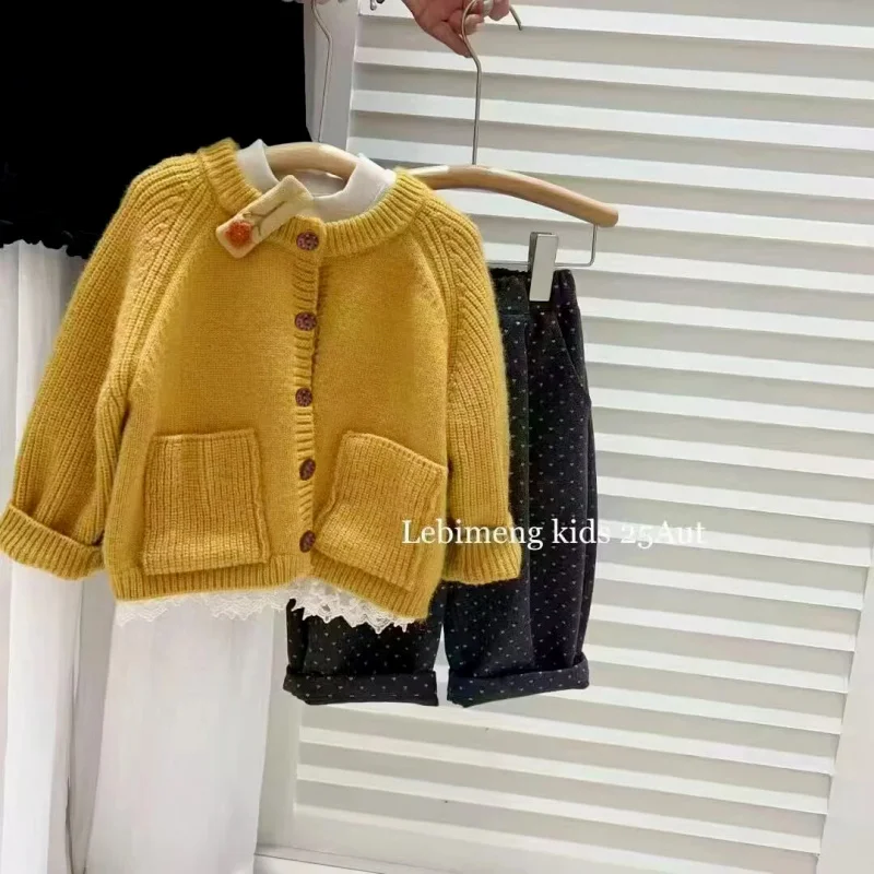 

Girls' Autumn Sweater Set New Children's Knitted Cardigan Baby Stylish Polka Dot Casual Pants Set31167