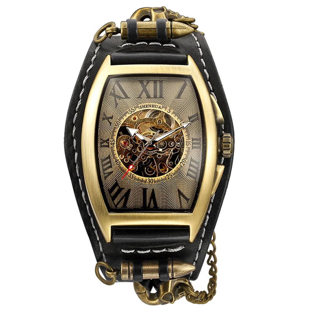 Orologio meccanico automatico da uomo con quadrante scheletro antico orologio gotico Vintage Steampunk orologi a carica automatica Brown Rock Reloj