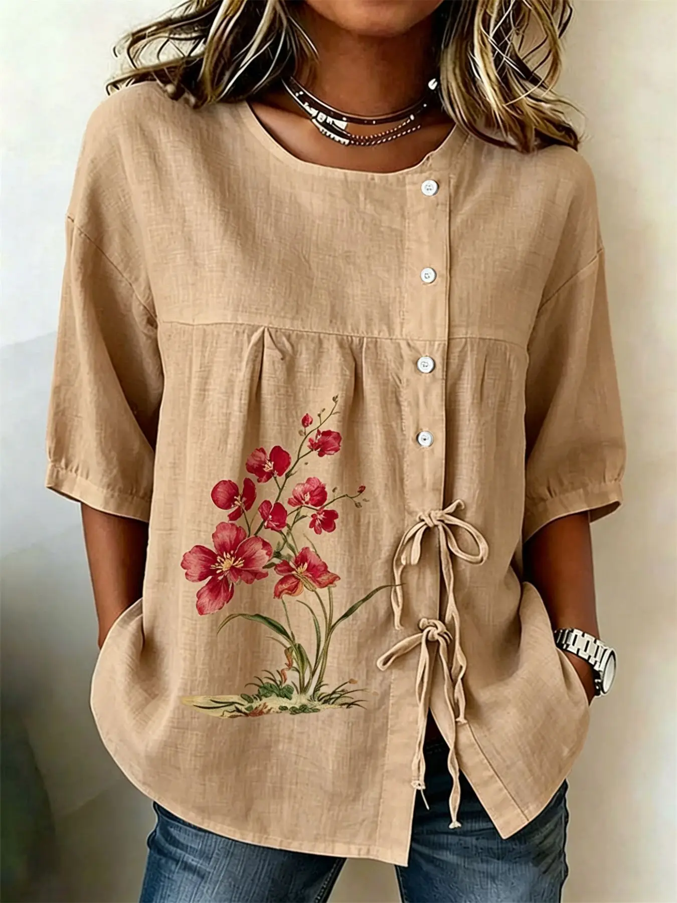 Women's Light Green Wildflower Print Drawstring Button Up Blouse, Casual Round Neck Tops for Spring Summer Daily Vacation Wear
