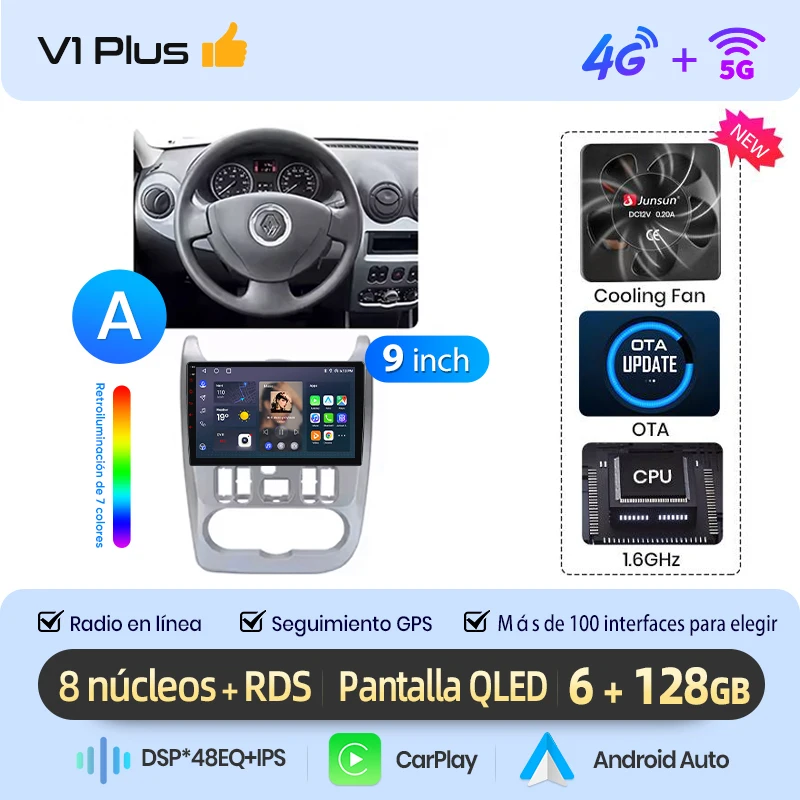 Junsun draadloze CarPlay Android Auto autoradio voor Renault Logan 1 Sandero 2009-2013 auto intelligente systemen BT FM Spaans lokaal
