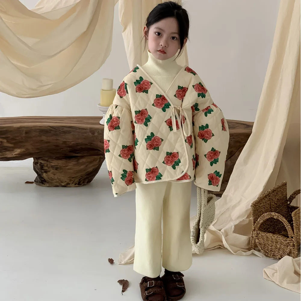 

Girls Coat Floral Cotton Jacket 2023 Winter Korean Style Children Women Treasure Cardigan Thickened Warm Cotton-padded Jacket