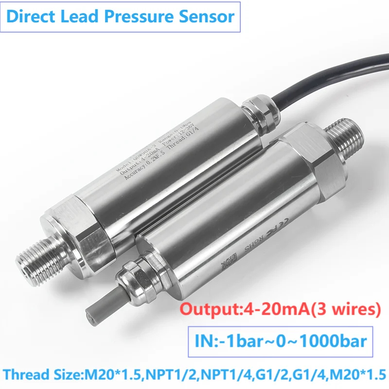 

4-20mA 3wires Direct Lead Pressure Transmitter Sensor IP67 M20*1.5 G1/4 NPT1/2 NPT1/4 Pressure Transducer 200bar 1bar 5bar