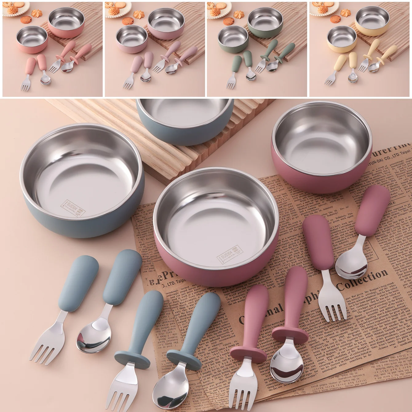 Color Kids 4PCS Baby Stainless Steel Tableware Set Silicone Suction Feeding Bowl Toddler Fork Spoon Utensils BPA Free Tableware